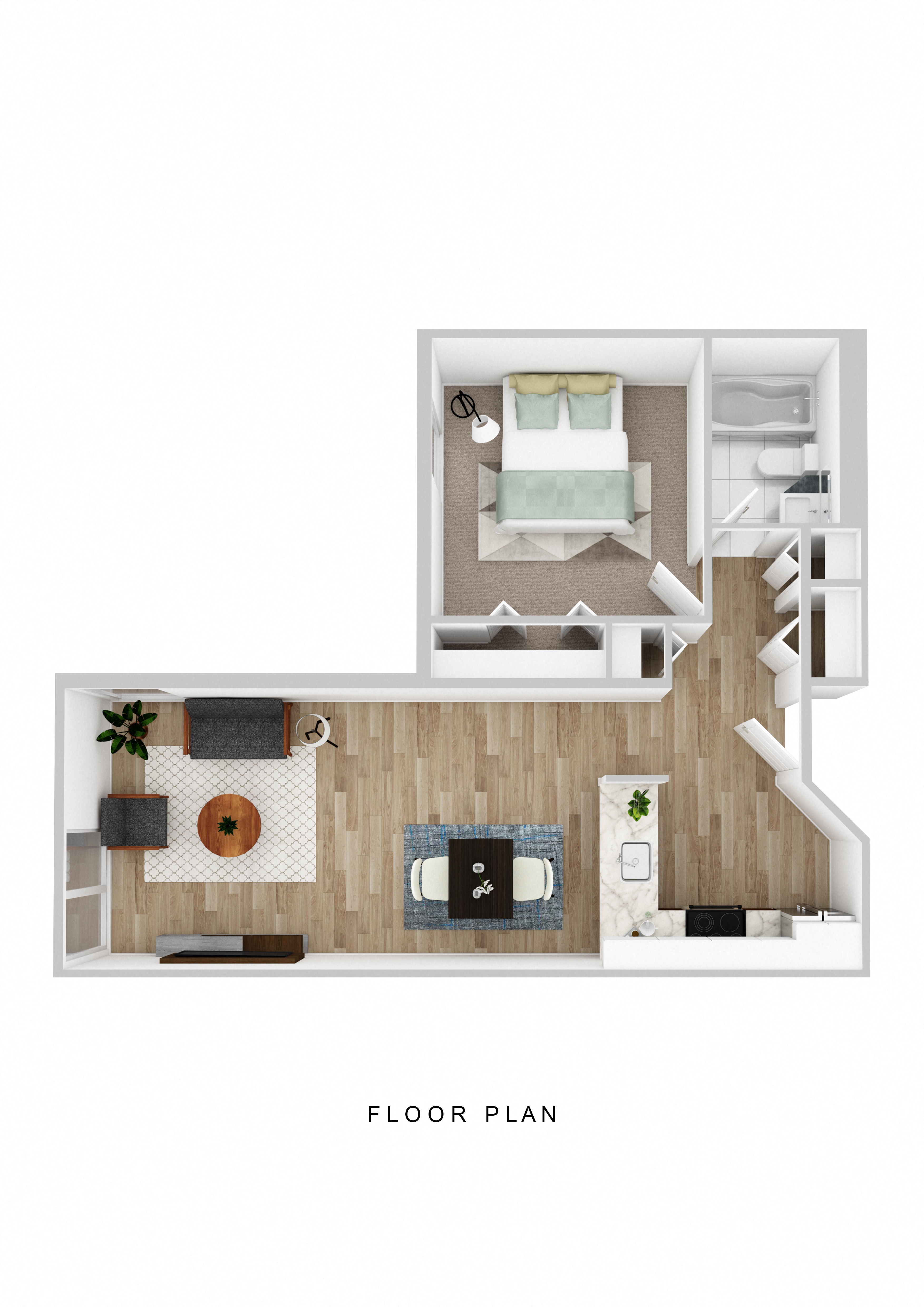 Floor plan for 1 bed, 1 bath, 589 sqft